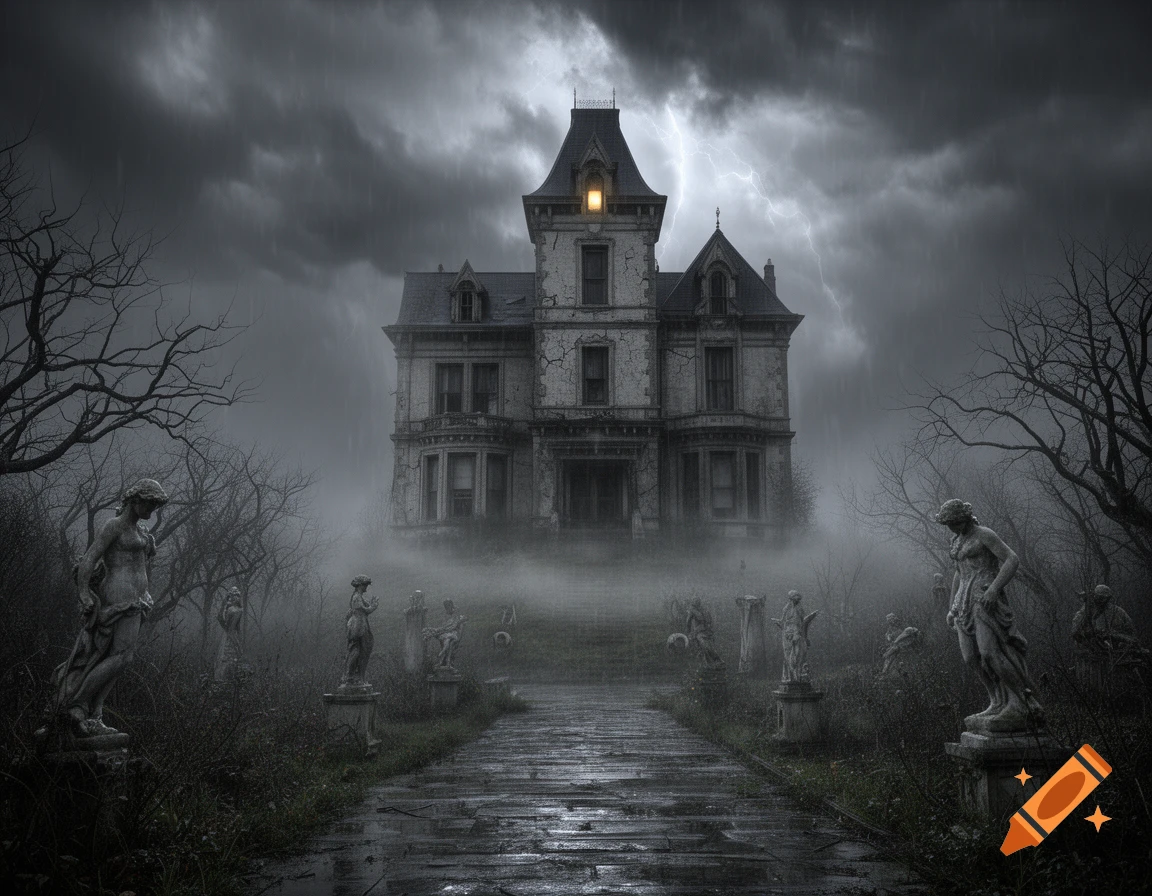 A creepy, dilapidated gothic mansion on a dark, stormy, foggy night with lightning and classical statues.