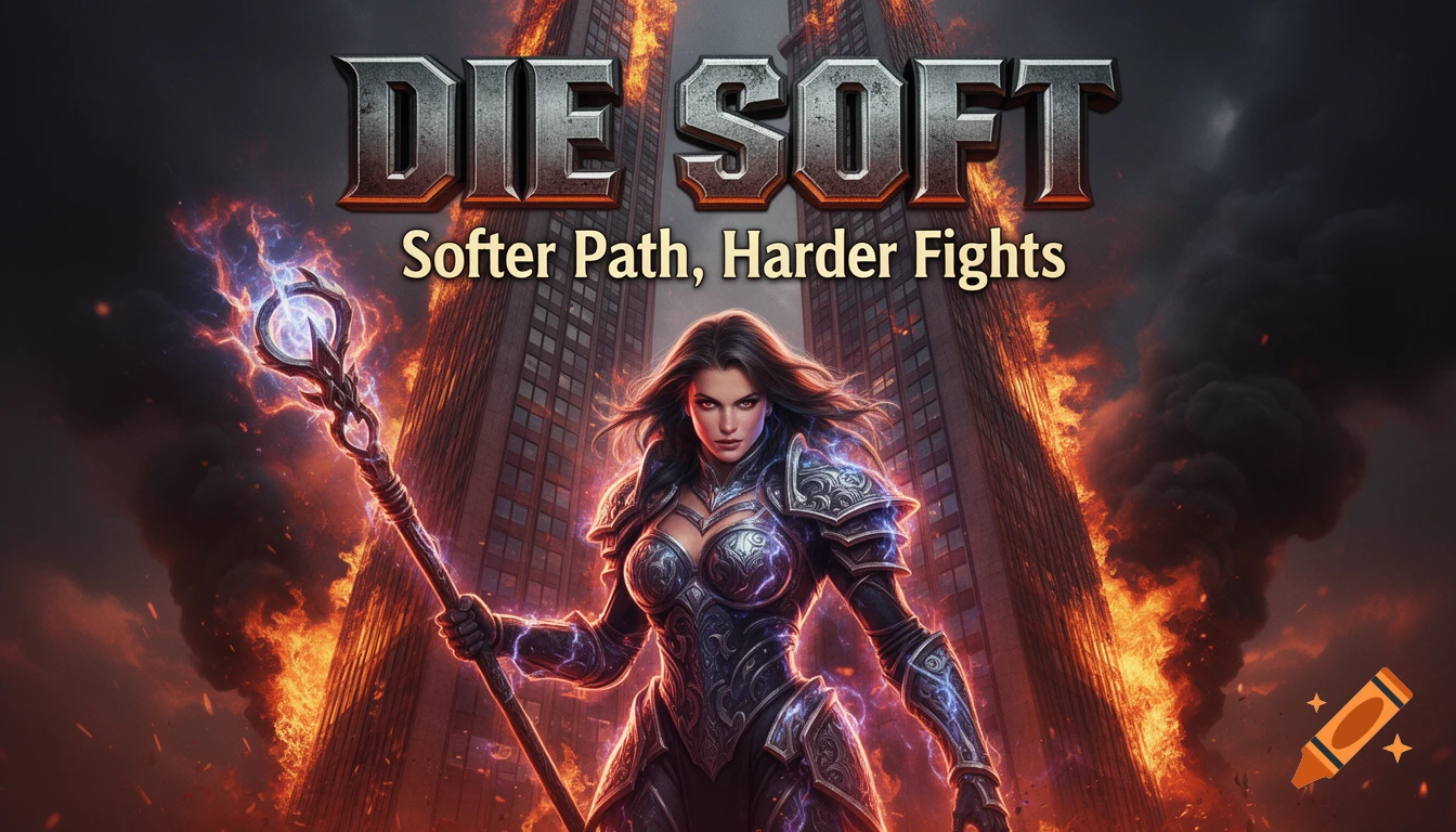 A warrior woman in armor holding a glowing staff stands before burning skyscrapers, with the title "DIE SOFT" and tagline "Softer Path, Harder Fights" above.
