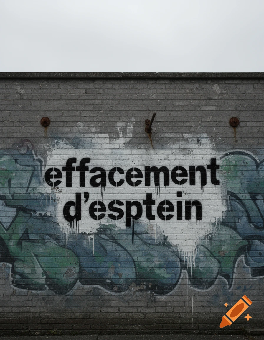 Stencil graffiti on a brick wall reads 'effacement d'esptein' over green and blue graffiti.