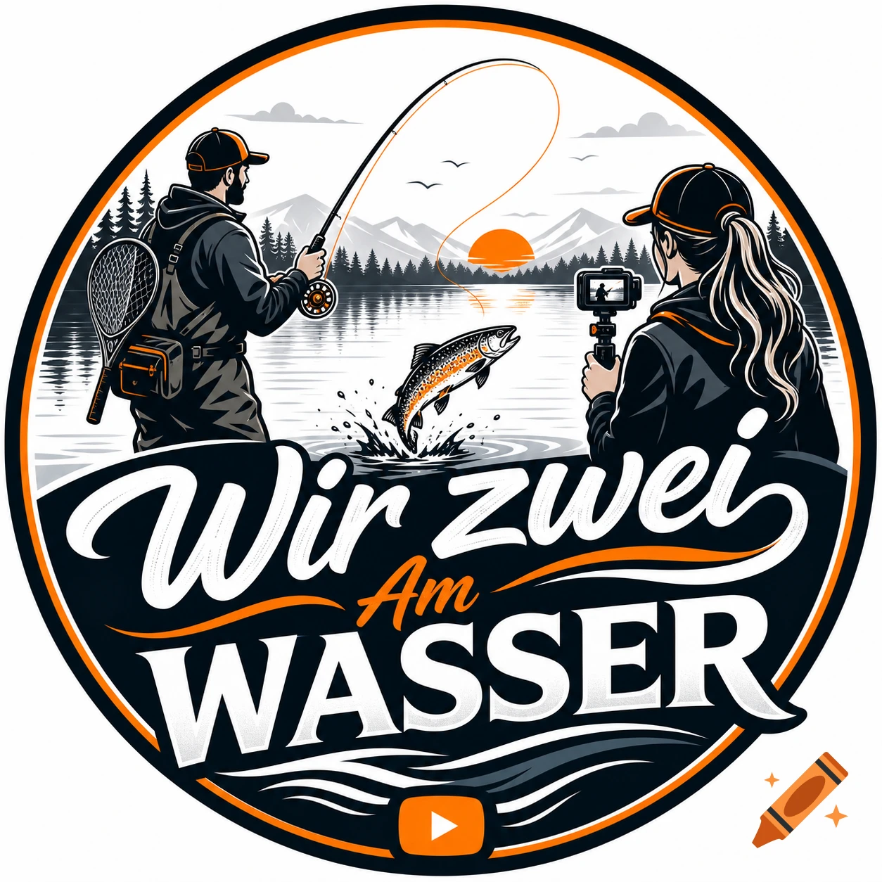 Illustration of a man fishing and a woman filming in a round logo with mountains, lake, and text "Wir zwei Am Wasser".