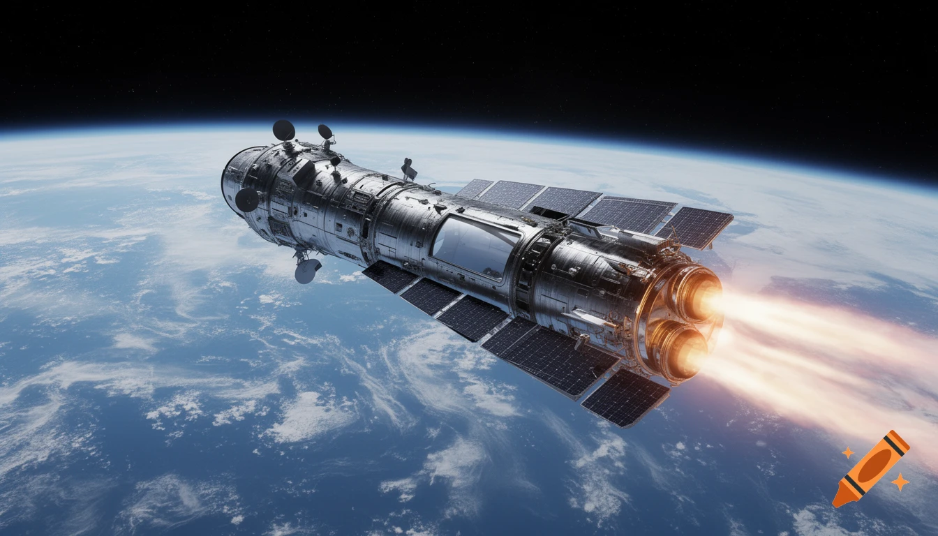 Photorealistic interplanetary spacecraft firing engines in low Earth orbit above blue and white Earth.