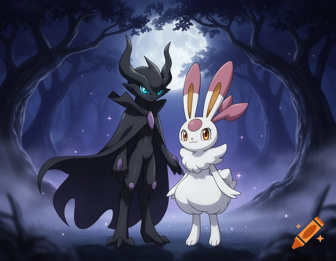 Darkrai and Lopunny stand together in a mystical, moonlit forest, rendered in an anime style.