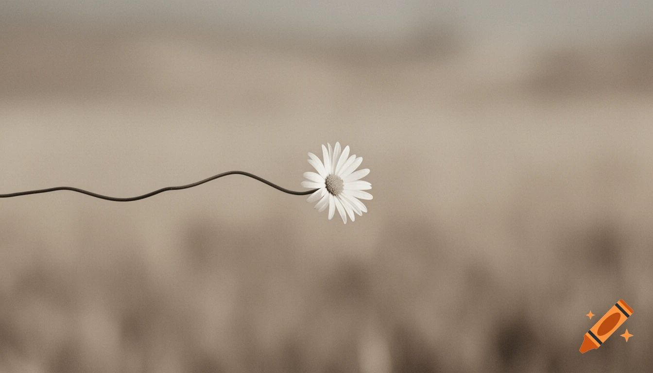 A white daisy flower with a wavy stem extending from the left, set against a soft, sepia-toned blurry background.
