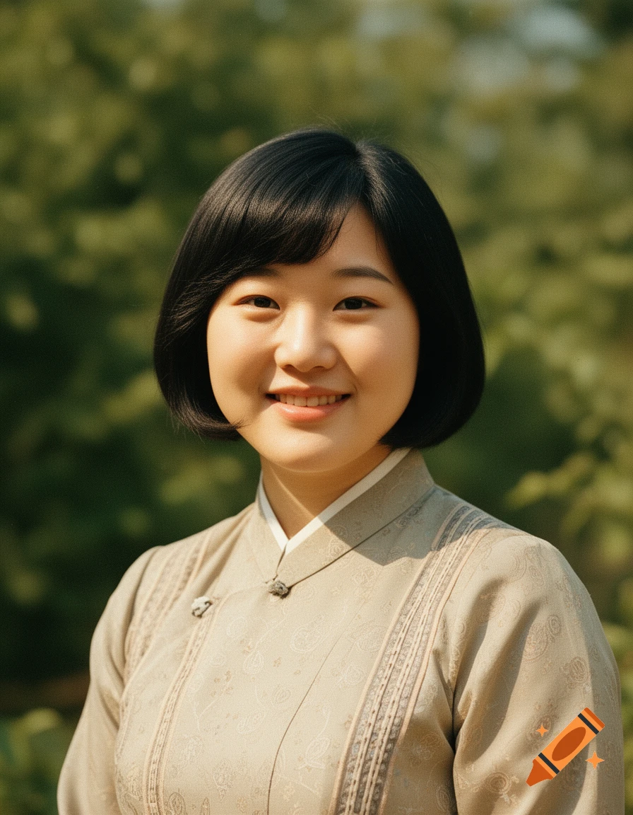 A smiling Korean woman with a short bob haircut wears an elegant vintage Korean dress in a photorealistic outdoor portrait.