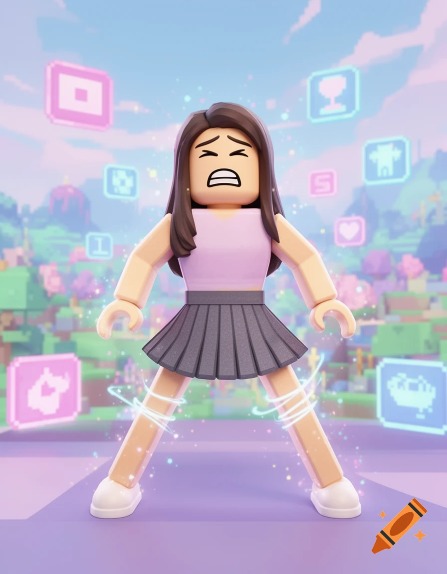 A Roblox-style character in a pink top and gray pleated skirt, with a pained expression and magical swirling energy around her legs, stands in a colorful pixelated landscape with floating icons.