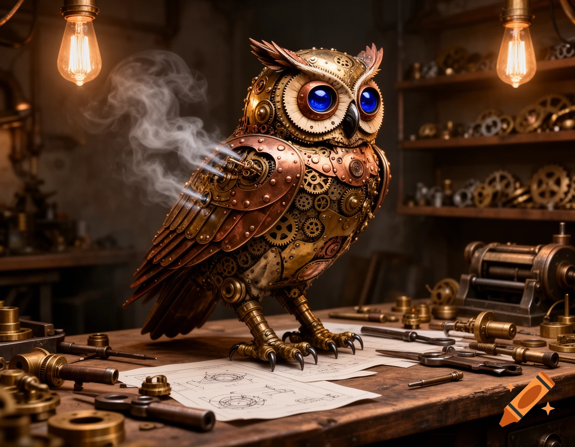 A detailed steampunk mechanical owl with blue eyes and brass gears, emitting steam, stands on a workbench with tools under warm light.