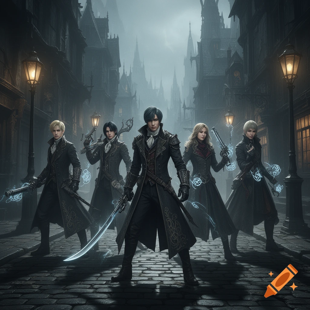 Five grim-faced characters in gothic trench coats with weapons and glowing magical effects stand in a dark, misty cobblestone alley with lanterns and old buildings.