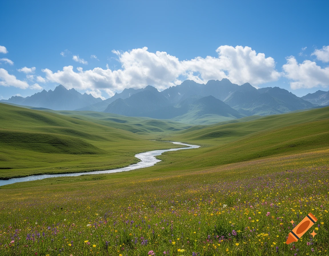 Winding river through a vibrant wildflower meadow with rolling green hills leading to distant jagged mountains under a blue sky.