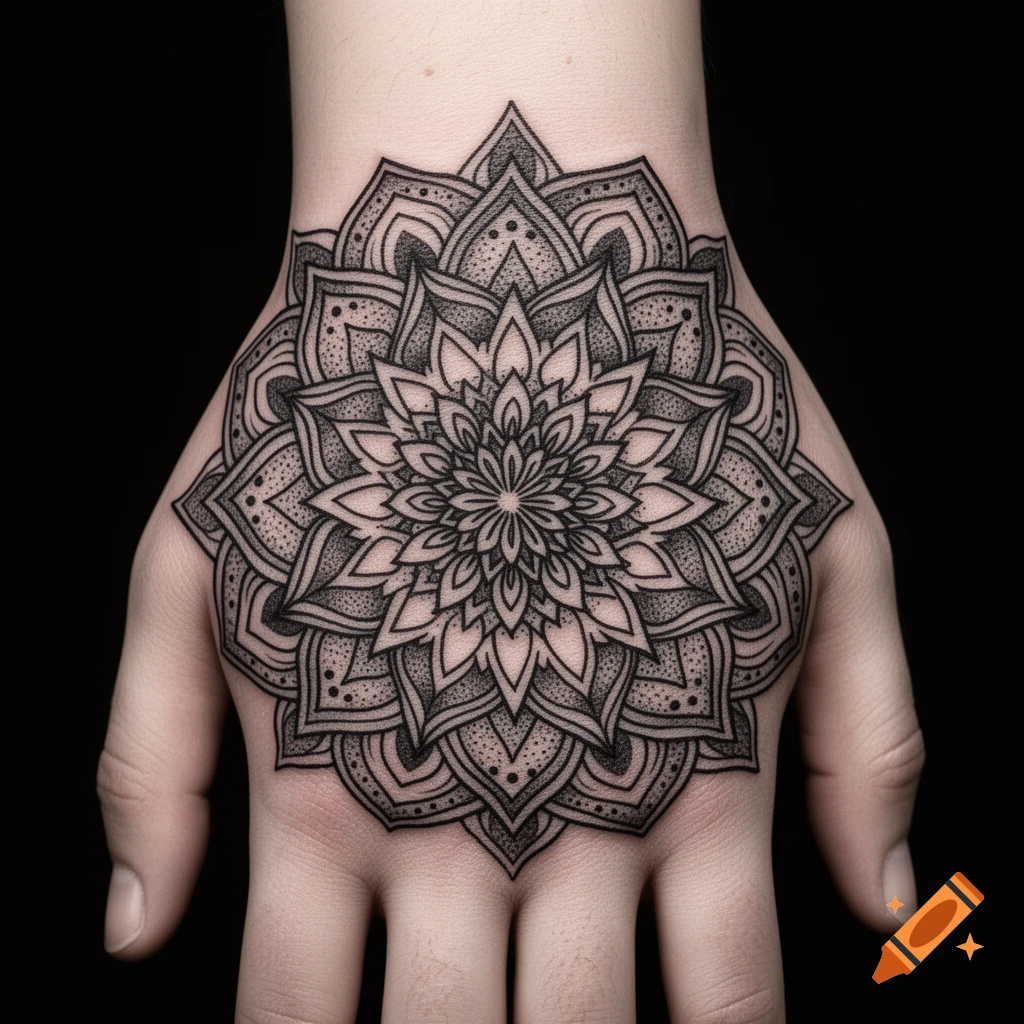 A detailed black ink mandala tattoo covers the back of a hand with intricate patterns and dot work.