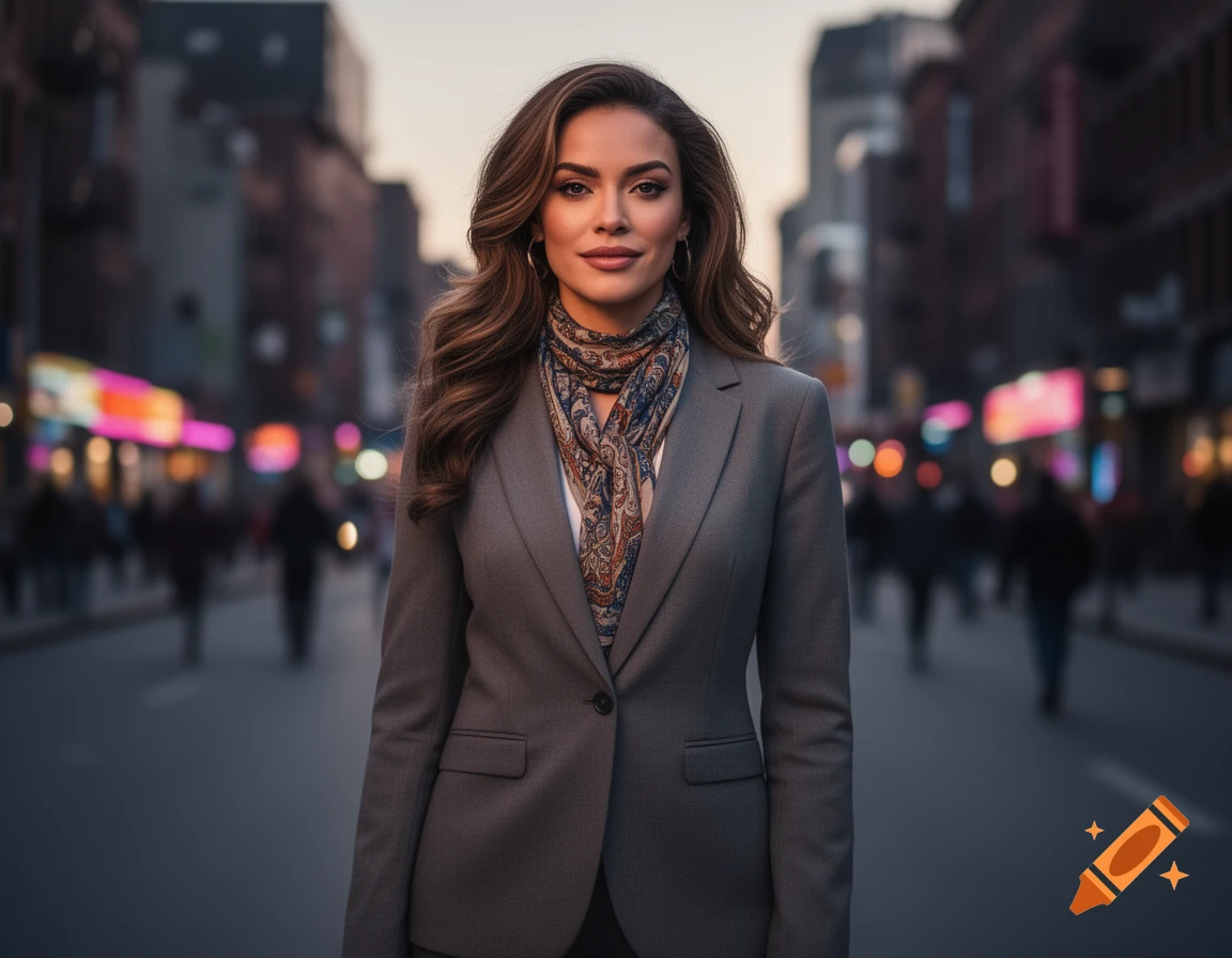 Photorealistic portrait of a woman in a gray suit and patterned scarf, standing on a blurred city street at dusk.