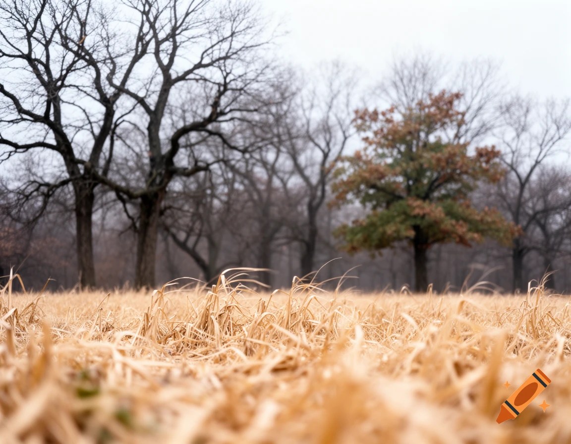 A close-up of a field of golden dry grass with blurred bare trees and one leafy tree under a gray sky.