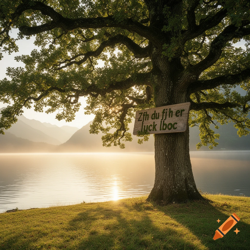 A large tree with a wooden sign by a calm lake at sunrise, with hazy mountains.