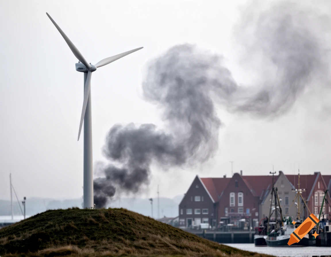 A photorealistic image of a wind turbine on a grassy hill with dark smoke rising behind it, overlooking a coastal town with boats.