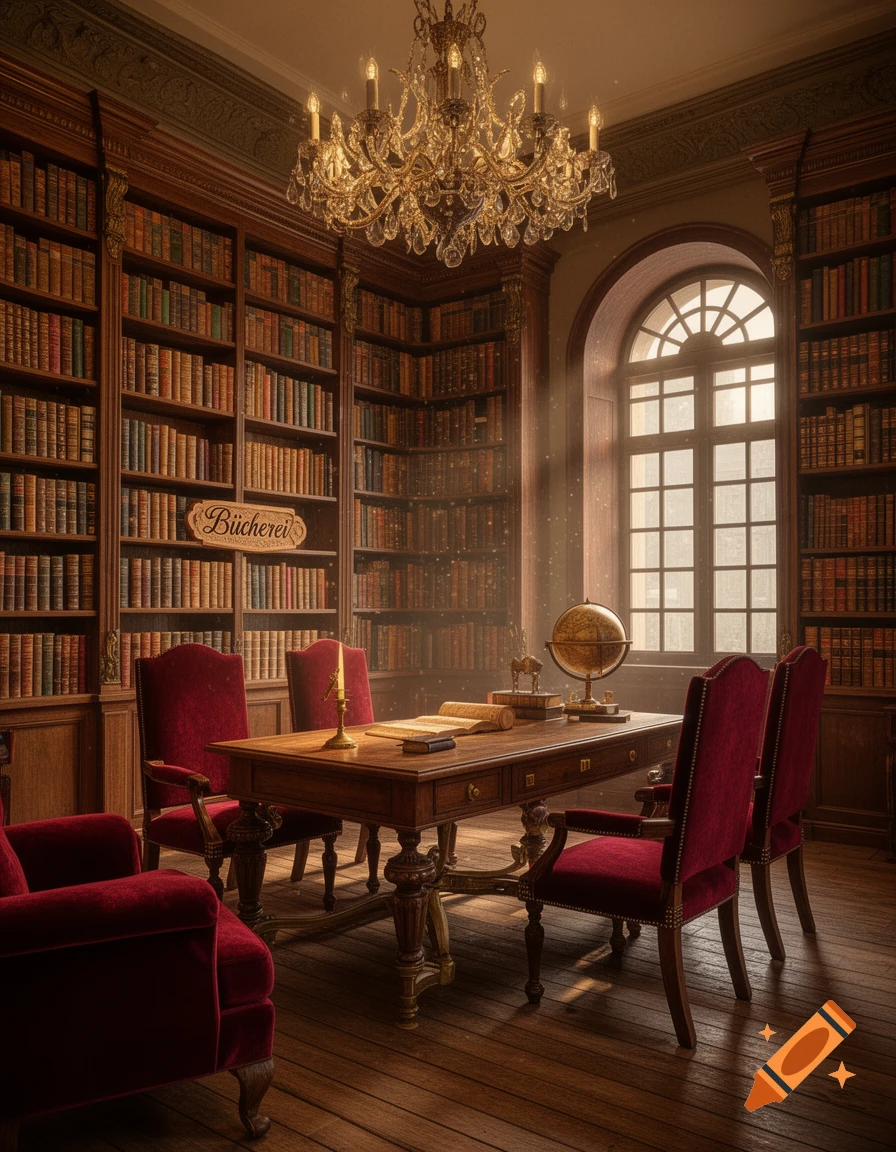 A grand, warmly lit library with floor-to-ceiling wooden bookshelves, a large desk with red velvet chairs, and a dazzling chandelier.