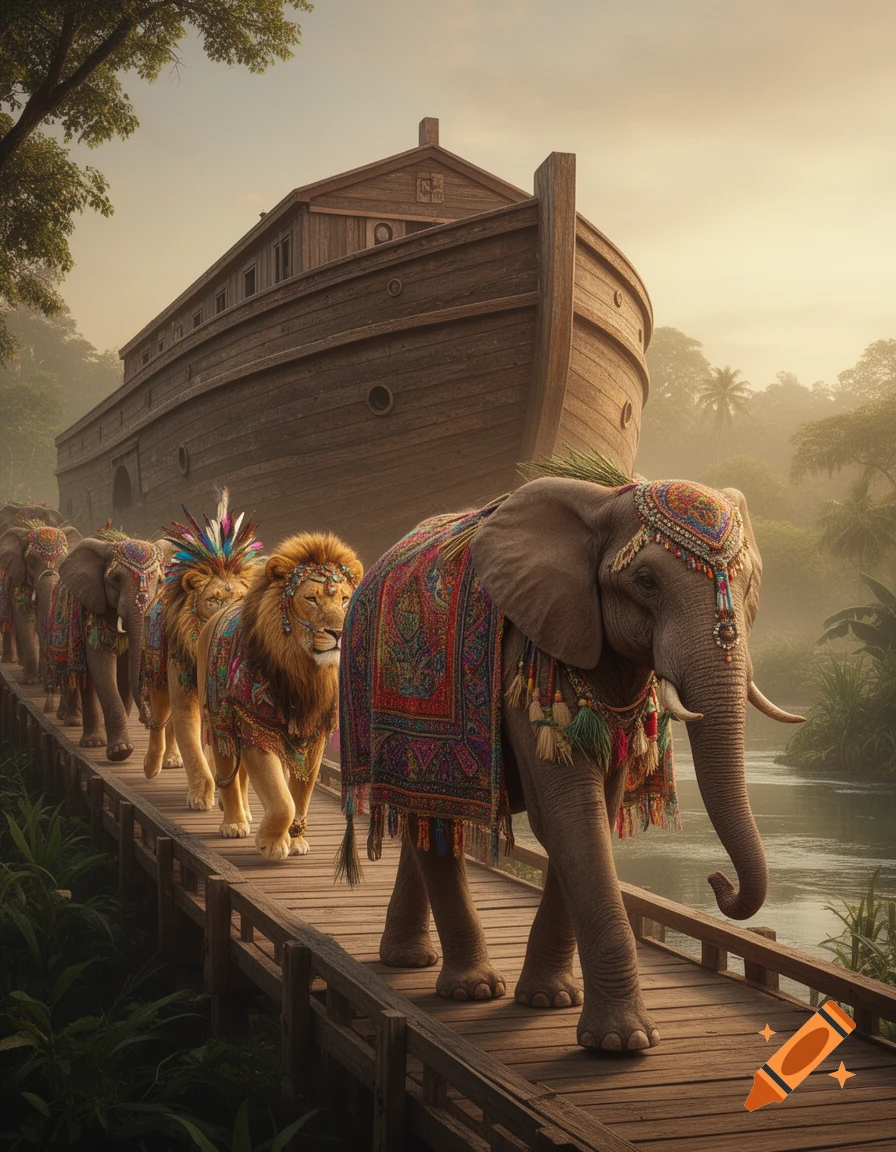 Decorated elephants and lions walk in a line on a wooden bridge towards Noah's Ark in a lush, misty jungle.