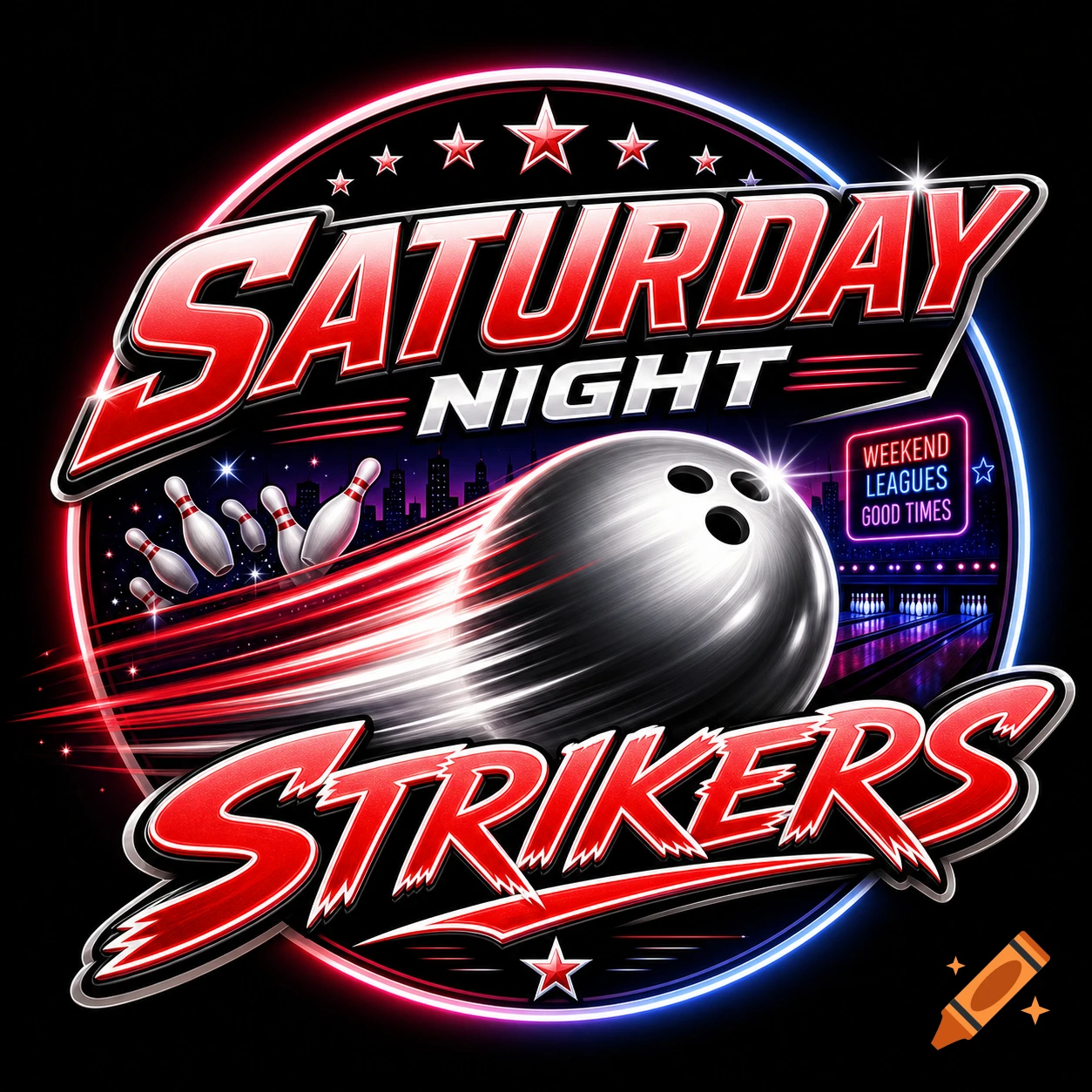 A vibrant bowling logo with a bowling ball striking pins, featuring the text "Saturday Night Strikers" with neon accents.