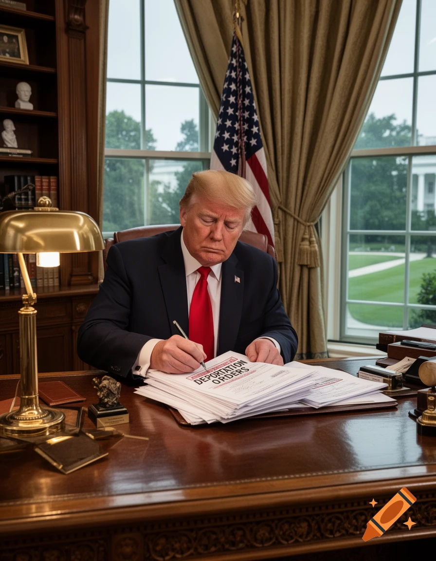 Photorealistic image of Donald Trump in a suit and red tie, signing papers labeled "DEPORTATION ORDERS" at a large wooden desk in an office with a window view of a white building and green lawn, an American flag visible behind him.