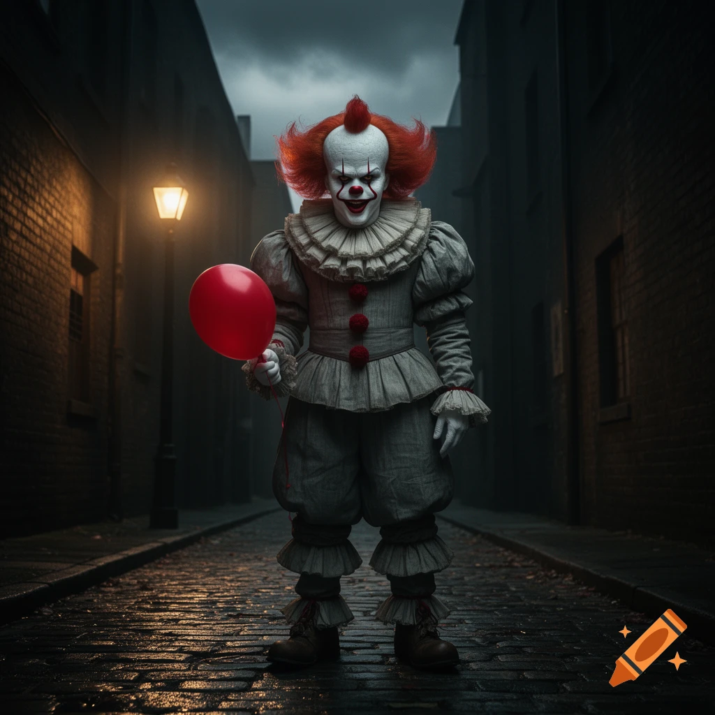 A sinister clown, Pennywise, holds a red balloon in a dark, wet cobblestone alley lit by a streetlamp.