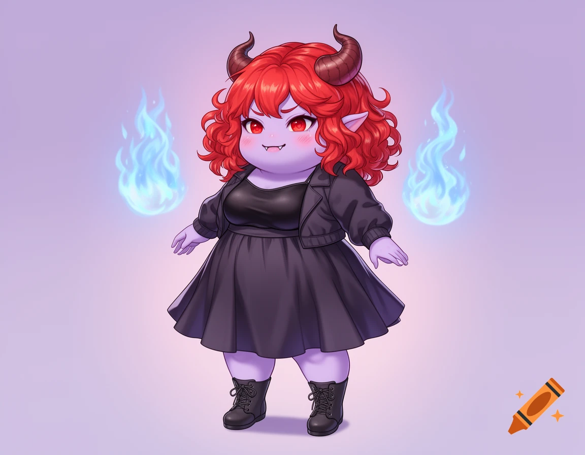 A cute, chubby anime demon woman with red curly hair, purple skin, horns, and a black dress, flanked by blue flames on a light purple background.