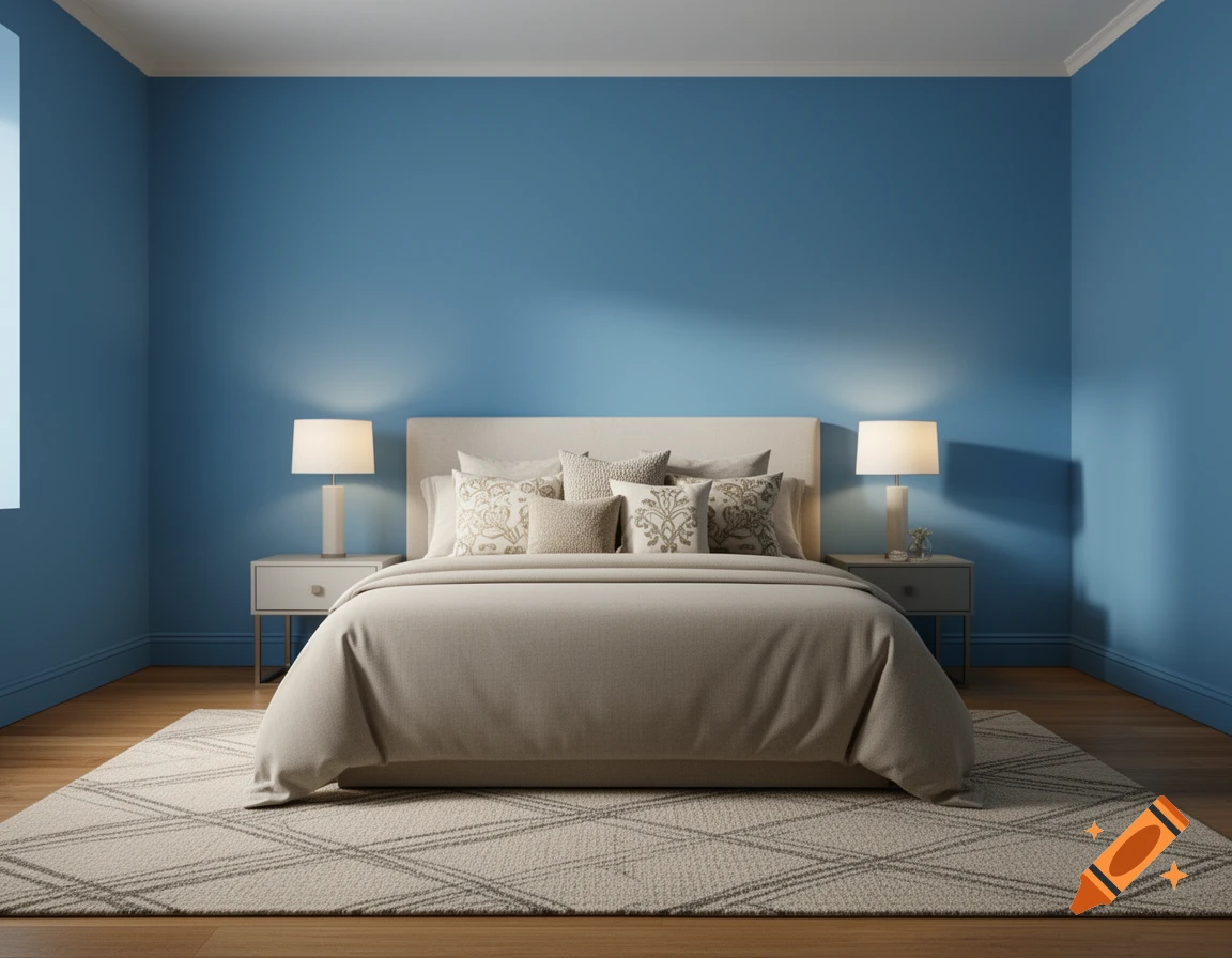 Photorealistic bedroom with a bed with light bedding, two nightstands with lamps, a blue wall, and a patterned rug.