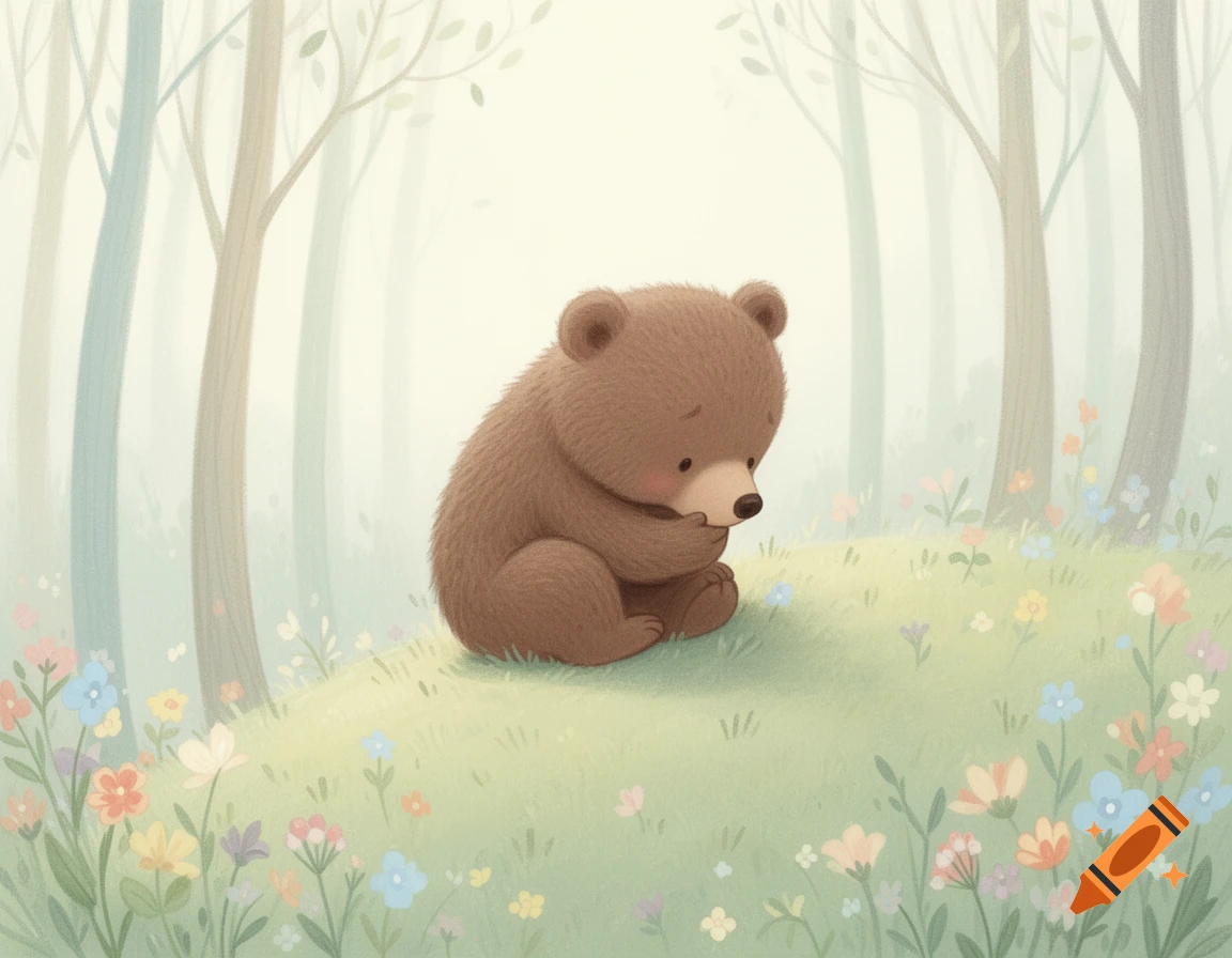 A cute brown bear cub sits sadly on a grassy hill amidst wildflowers in a soft pastel forest illustration.