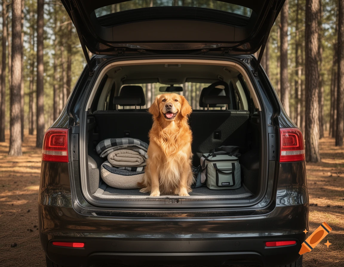 A happy golden retriever sits in the open trunk of a black SUV, surrounded by blankets and a cooler, with a forest in the background.