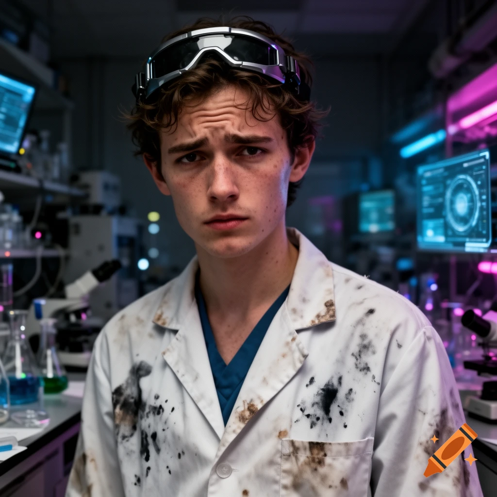 A young male scientist with a furrowed brow wears goggles on his head and a dirty lab coat in a futuristic lab with neon lights.