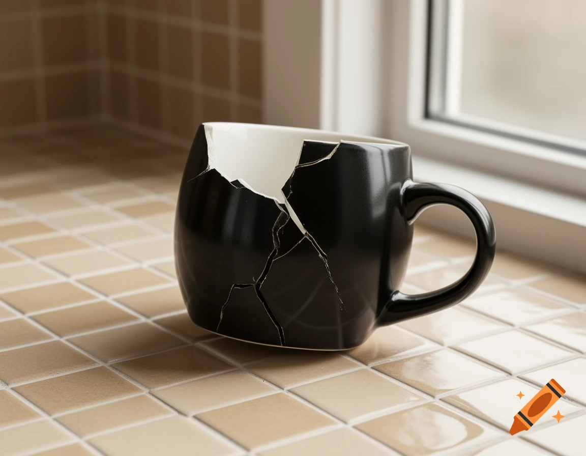 A broken black and white coffee mug sits on a beige tiled countertop near a window.