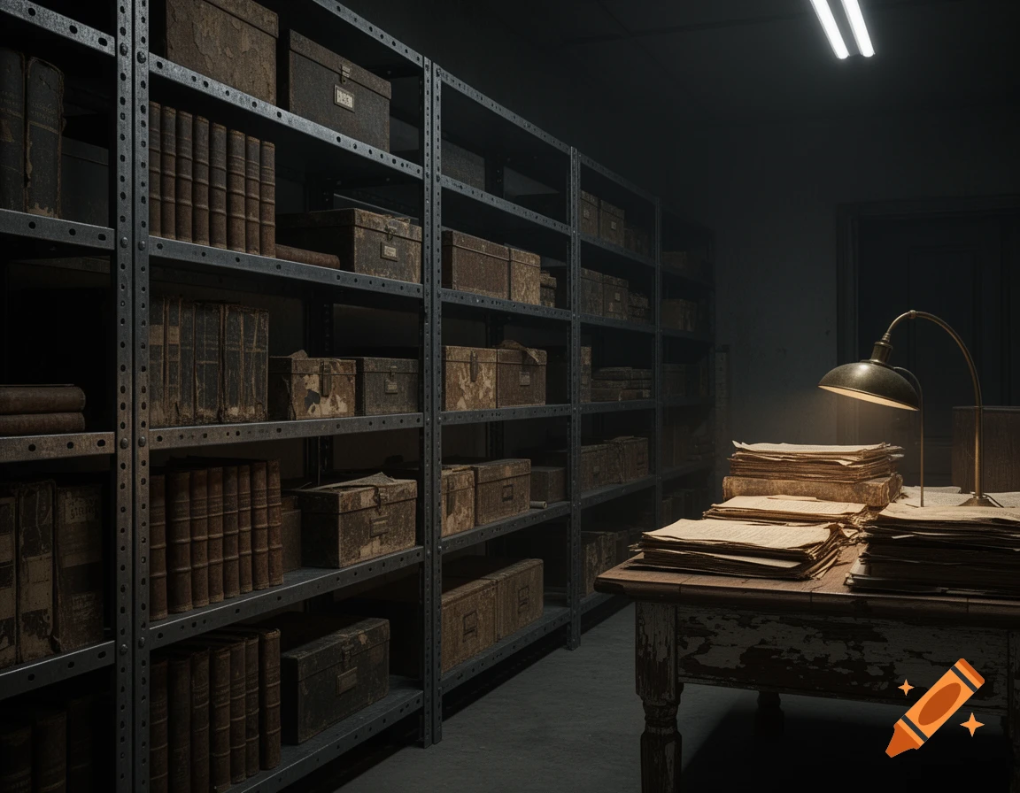 A dimly lit vintage archive room with metal shelves filled with old books and boxes, and a desk with a lamp illuminating stacks of papers.