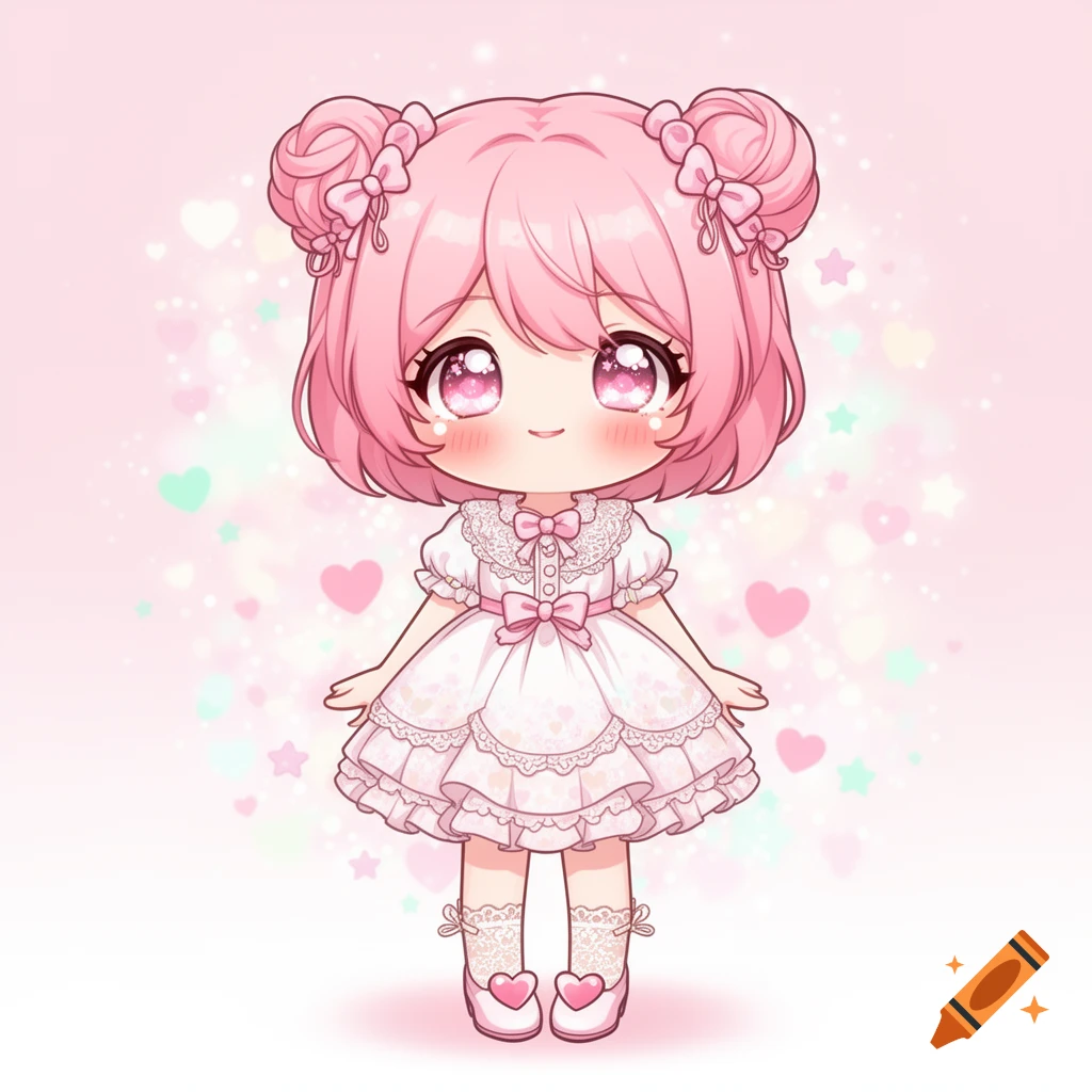 A cute pink-haired chibi anime girl in a frilly white dress with bows and heart shoes on a sparkly pink background.