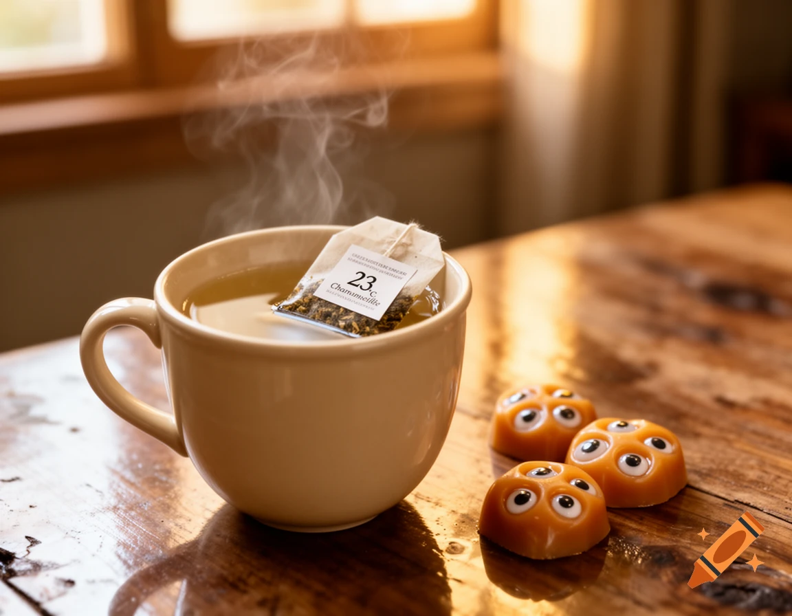 A steaming mug of tea with a tea bag and three multi-eyed caramel candies on a wooden table.