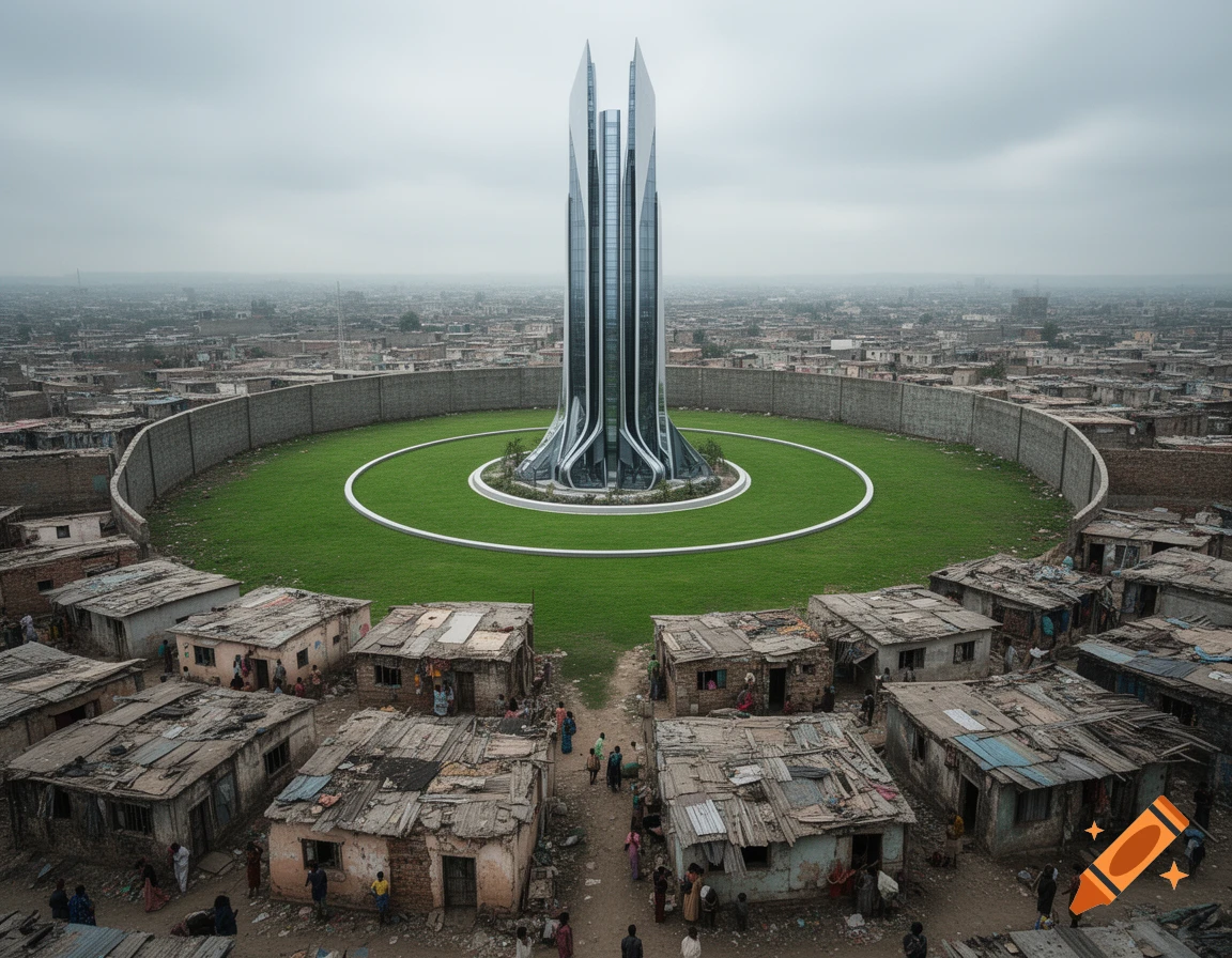 A futuristic skyscraper in a green circular park, walled off from a sprawling slum of dilapidated houses under a cloudy sky.