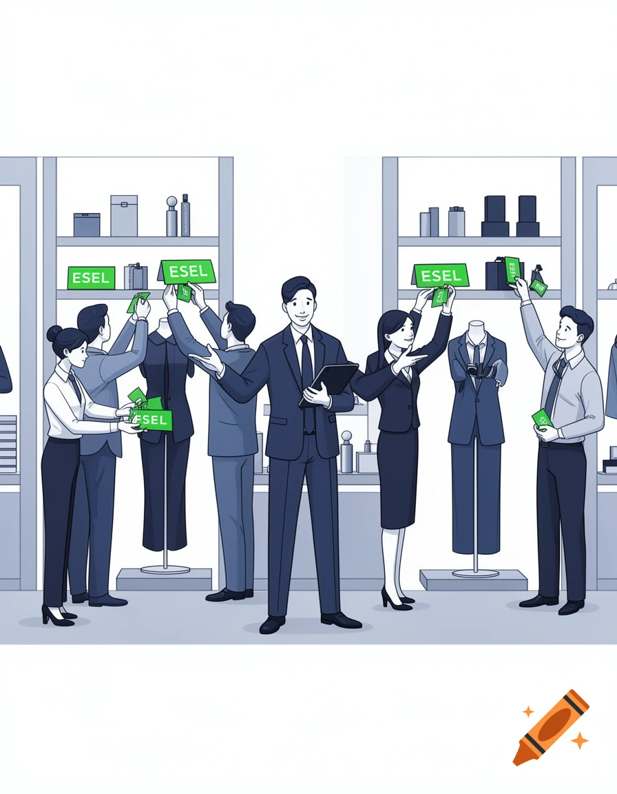 Clip art of a team of business people installing 'ESEL' tags on products in a store, with a manager holding a tablet.