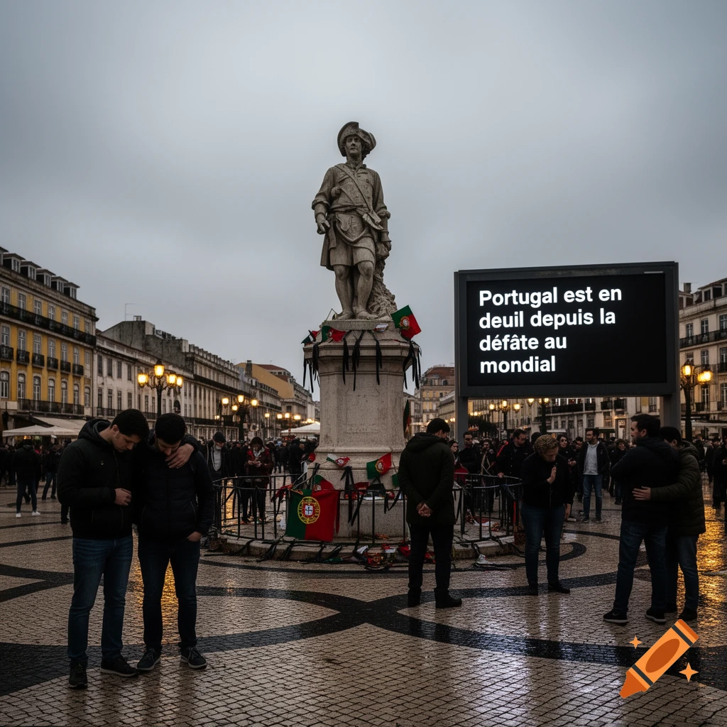 People gather in a wet city square around a statue draped with Portuguese flags and black ribbons, with a screen displaying text.