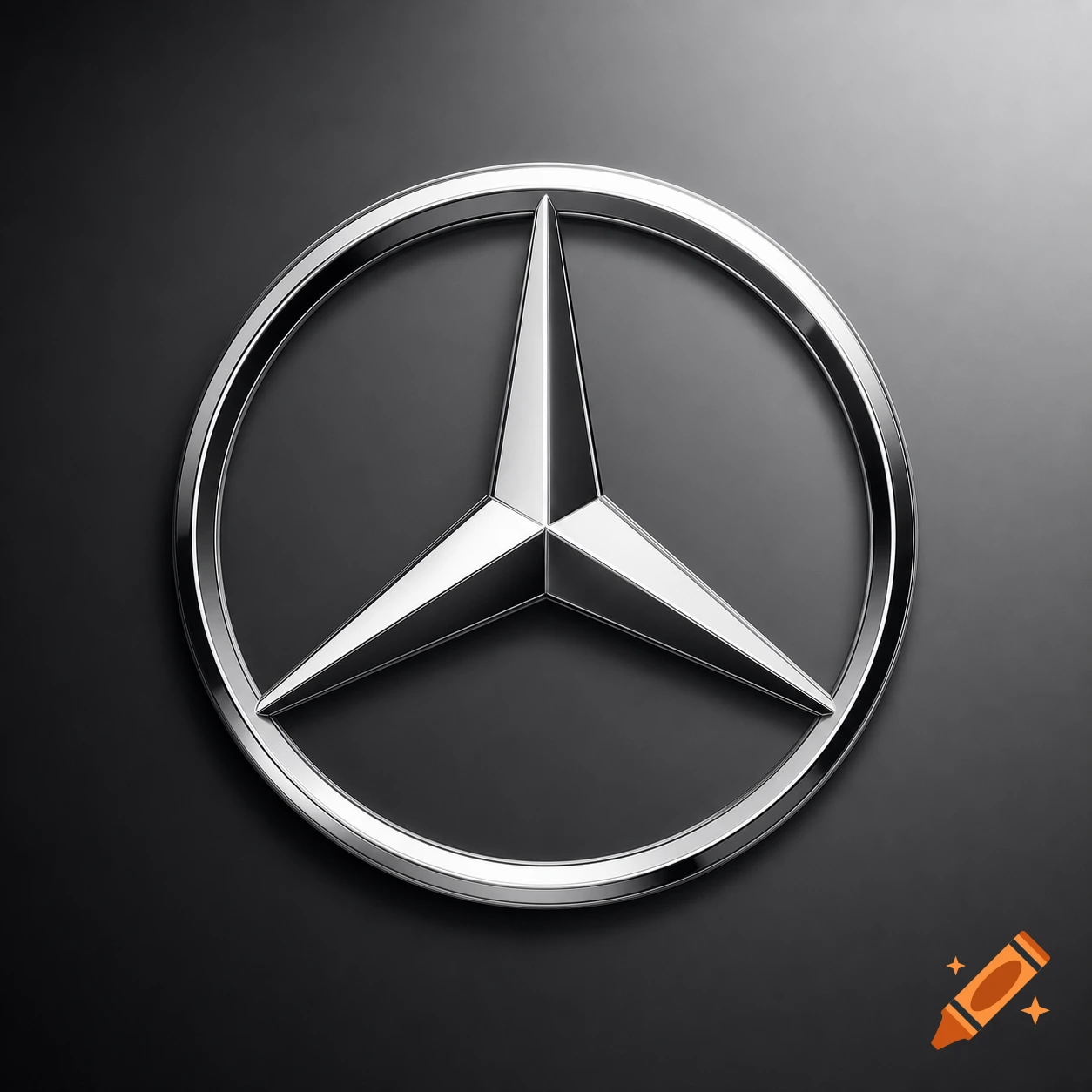 A glossy chrome Mercedes-Benz logo, featuring a three-pointed star within a circle, on a dark gray background.