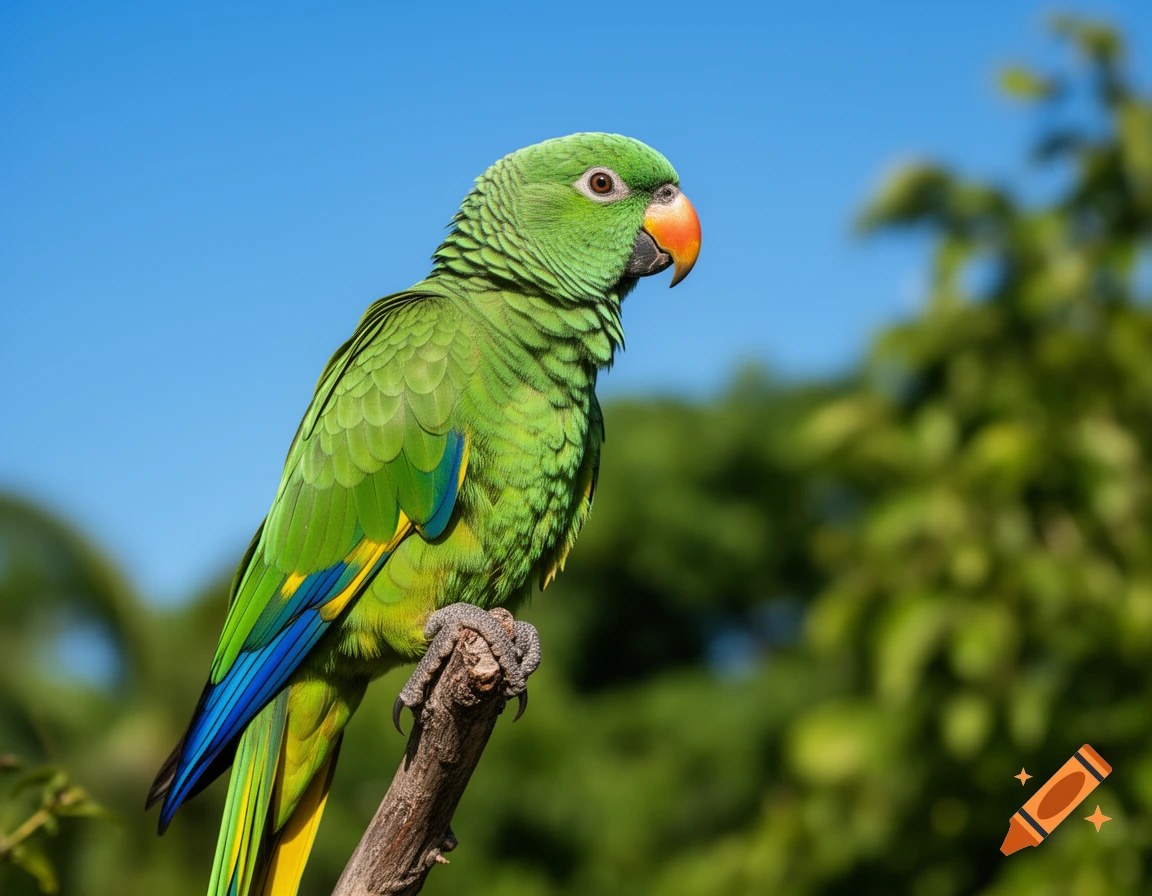 A vibrant green parrot with an orange beak perches on a tree branch against a clear blue sky and blurred foliage.