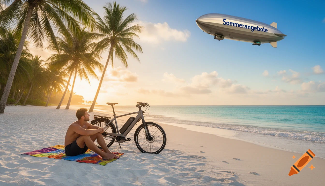 A man on a colorful towel sits by an e-bike on a tropical beach, gazing at the ocean during sunset, with a zeppelin in the sky.