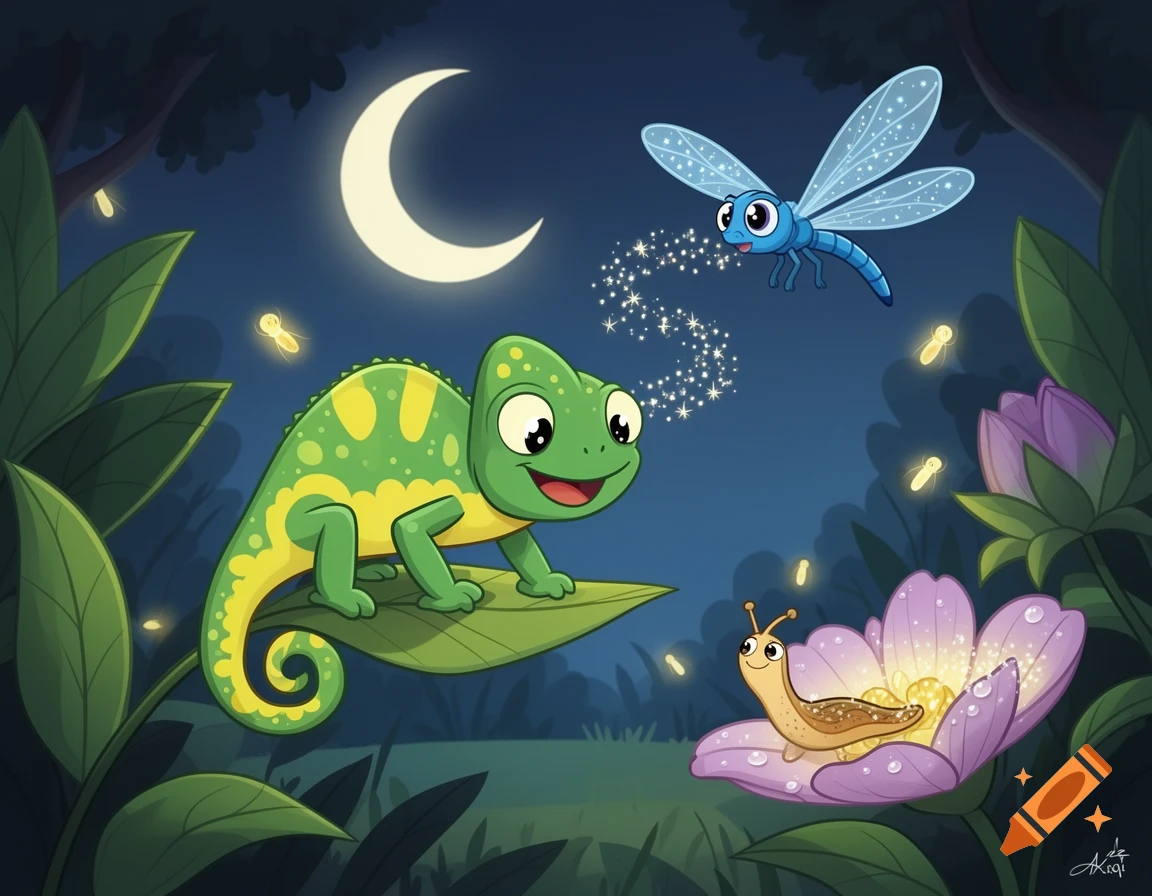 A cheerful cartoon chameleon, blue dragonfly, and slug interact in a glowing nighttime garden under a crescent moon.