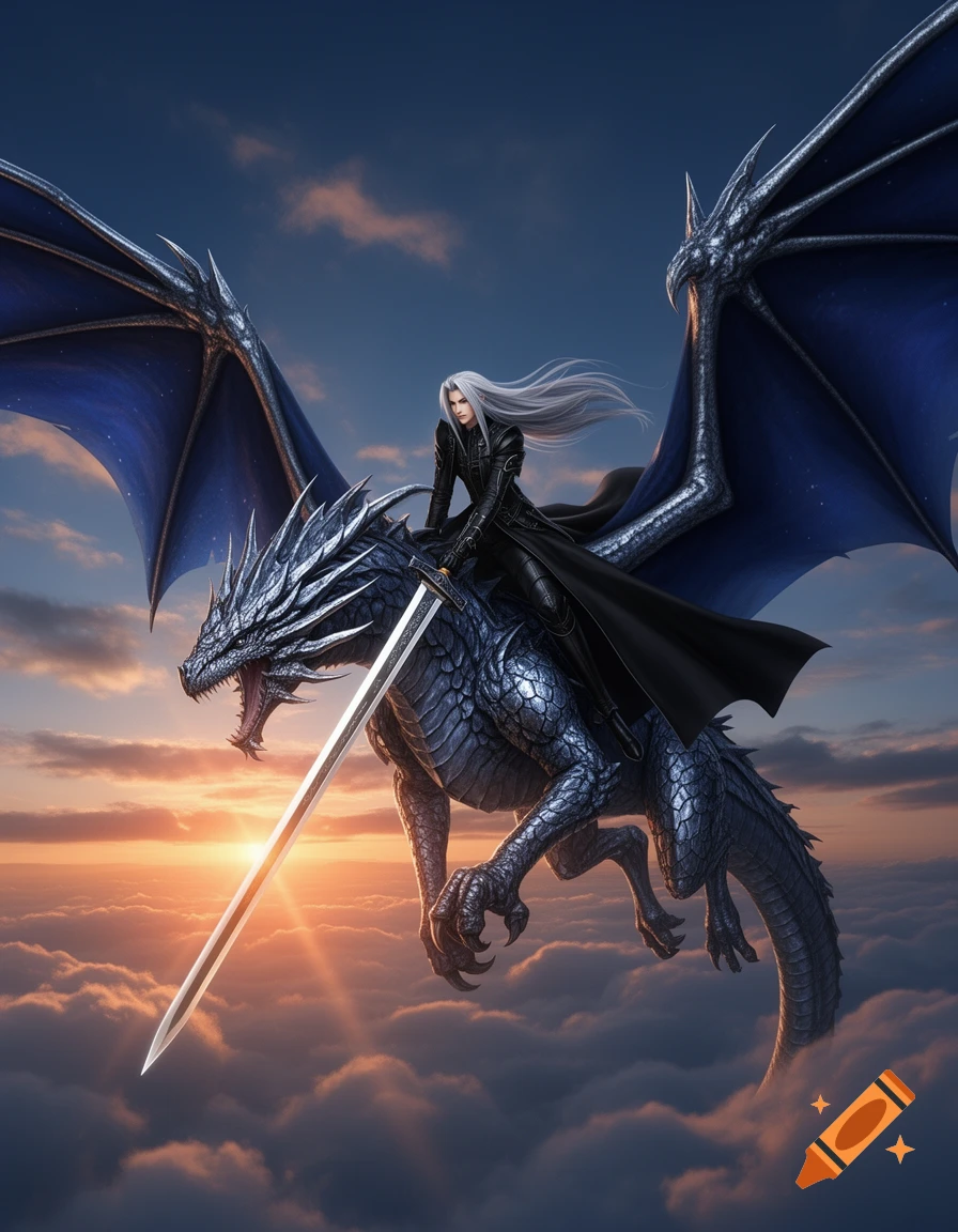 A white-haired character in black armor rides a blue-silver dragon, holding a long sword, flying above clouds at sunset.