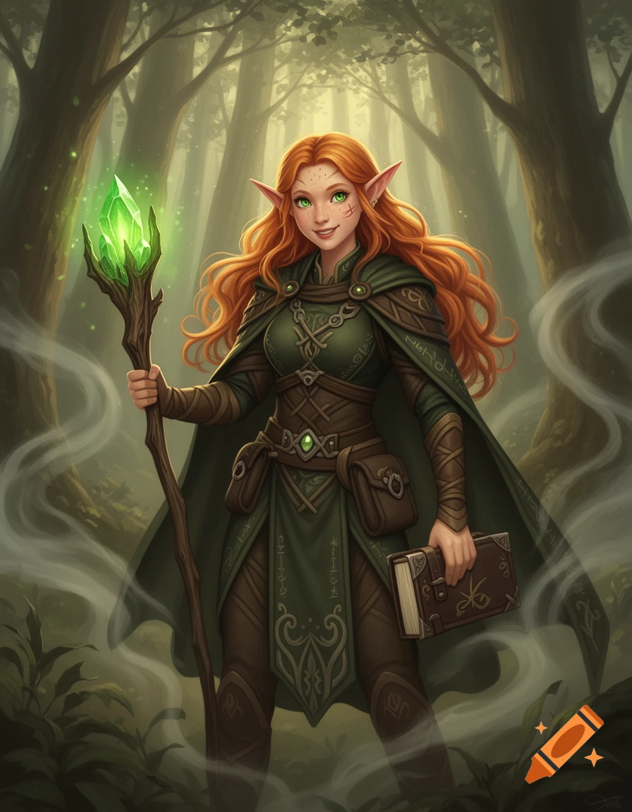 A red-haired elf sorceress with green eyes, holding a glowing staff and a book, stands in a mystical forest. Fantasy art.