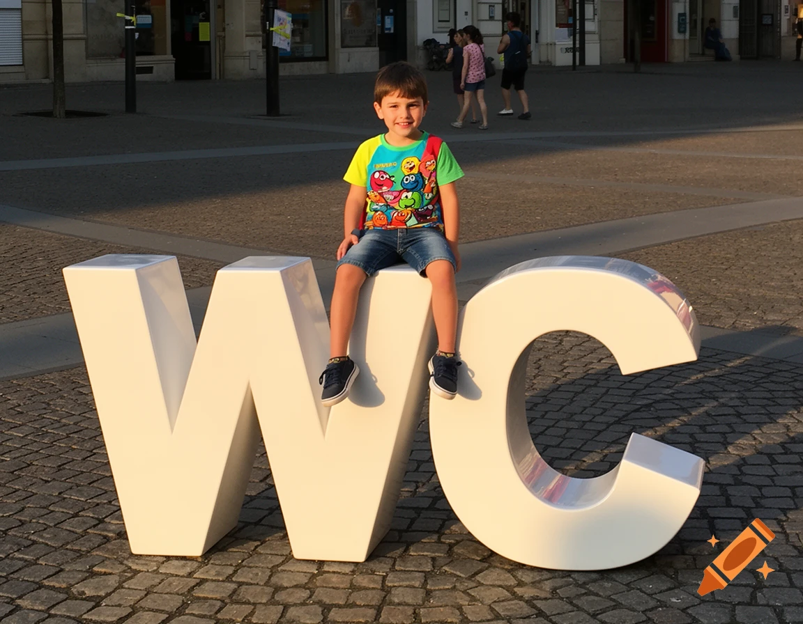 A young boy with a colorful shirt sits smiling on large white letters 'WC' in a sunny urban square.