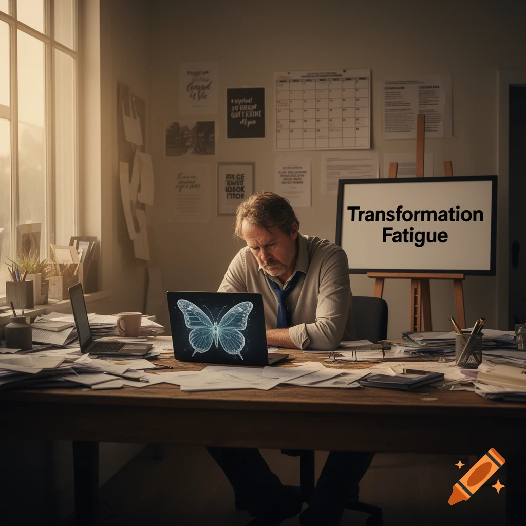A tired man with a loosened tie sits at a messy office desk, looking down at a laptop displaying a glowing blue butterfly. A whiteboard behind him reads "Transformation Fatigue".