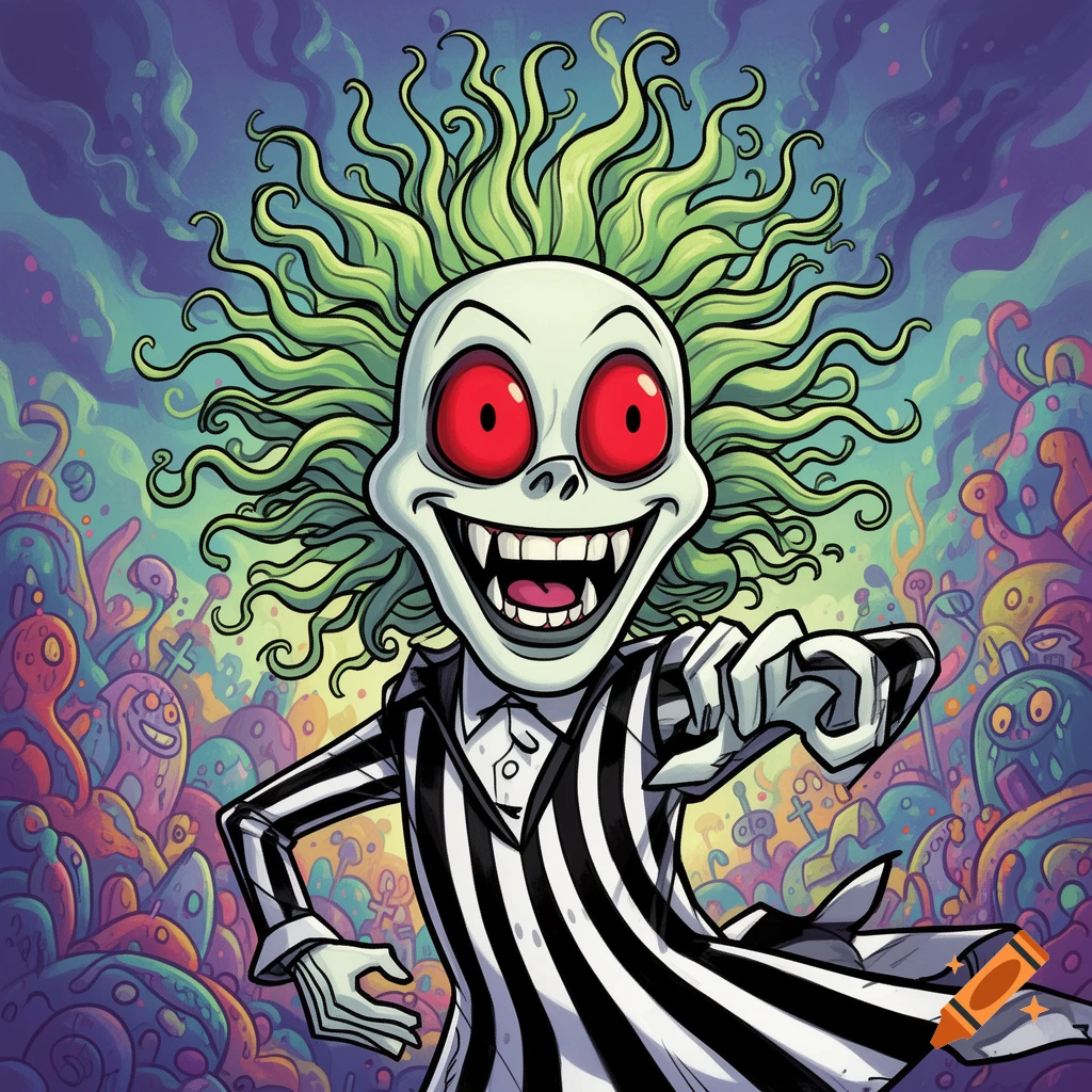 A cartoonish Beetlejuice, with wild green hair, large red eyes, and fangs, points forward against a psychedelic, spooky background.