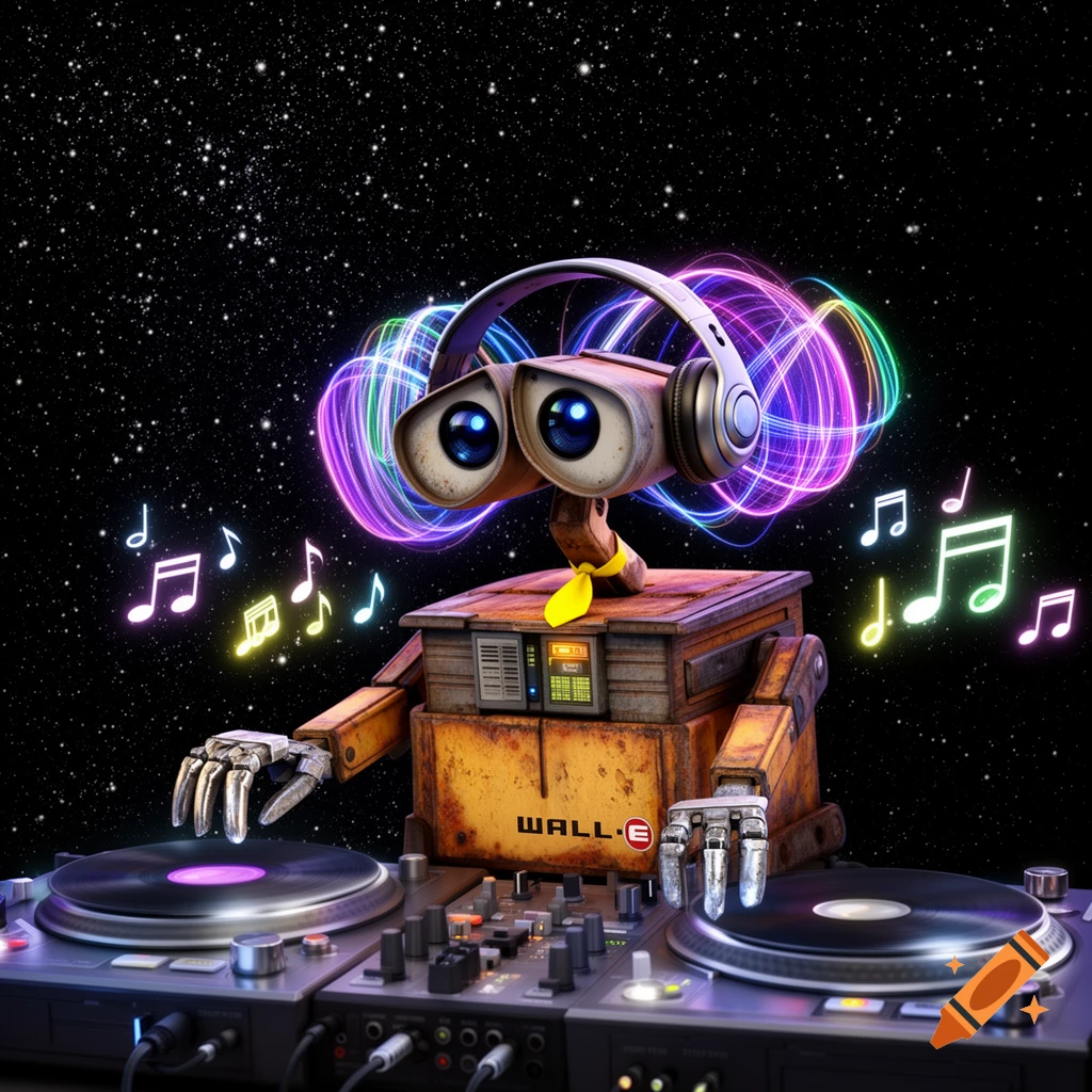 WALL-E robot wearing headphones and a yellow tie, DJing with turntables. Colorful light trails emanate from his headphones, surrounded by glowing musical notes. A starry space background is behind him.