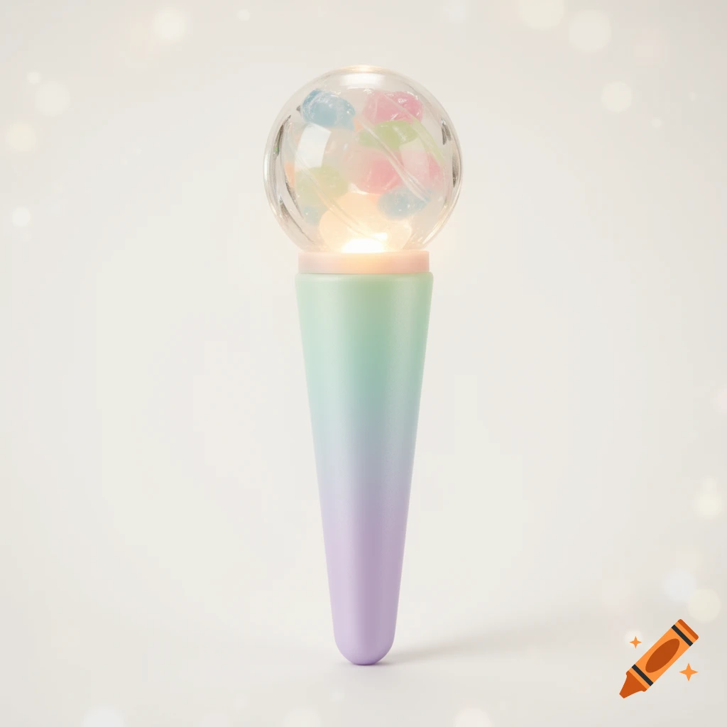 A lightstick with a clear globe filled with pastel candy shapes, a gradient handle, on a light background.