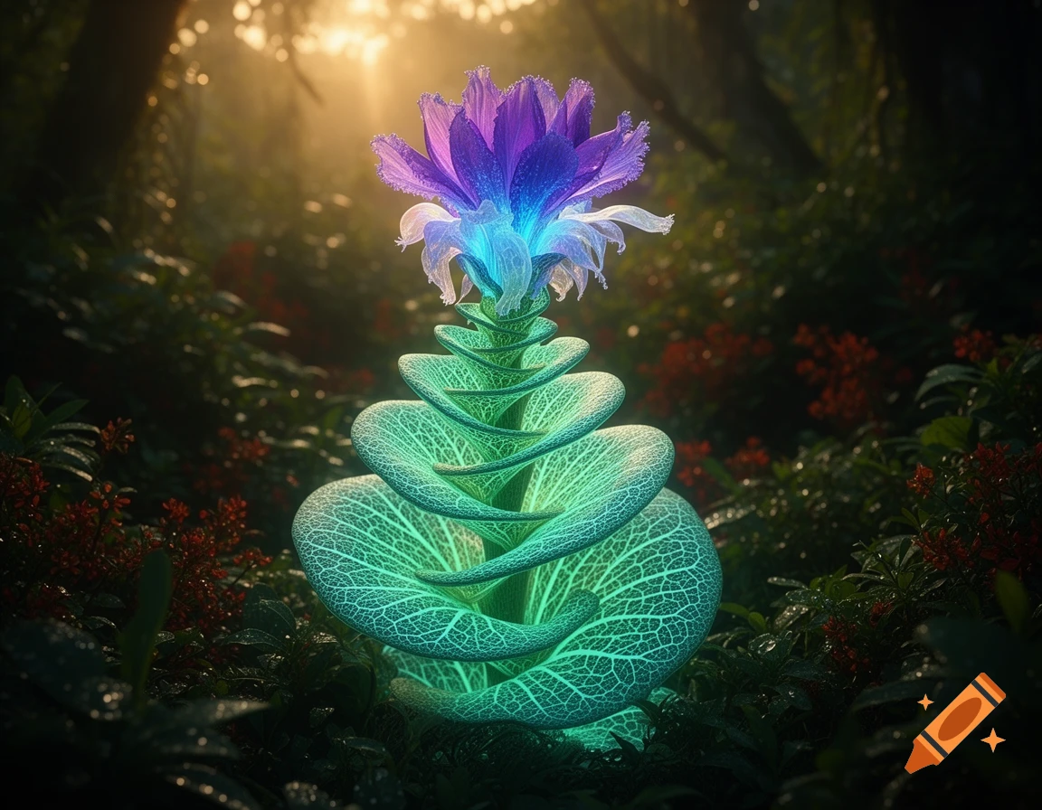 A vibrant, glowing fantastical plant with a spiral green base and a purple-blue flower, set in a mystical forest with sun rays.
