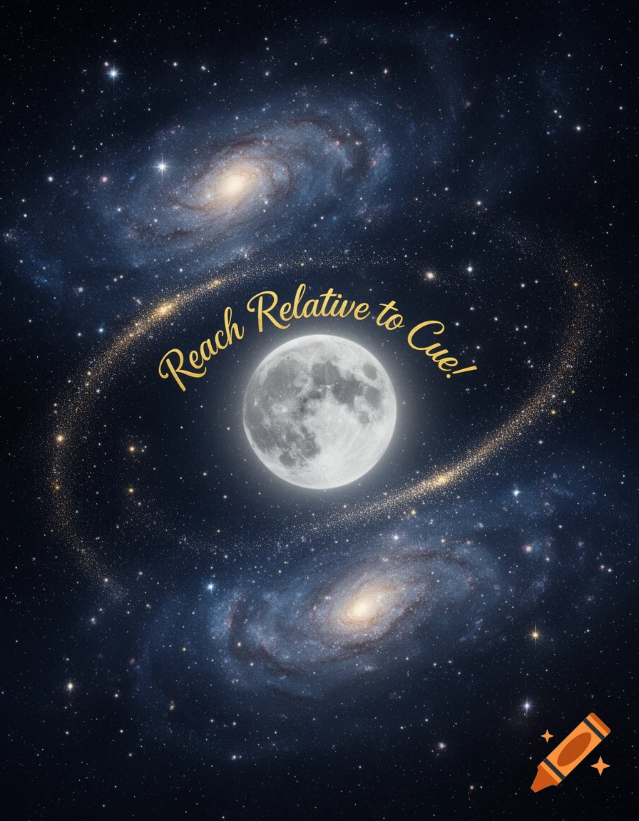 A full moon in the center of deep space, surrounded by two spiral galaxies, numerous stars, and a golden trail. Golden text reads, "Reach Relative to Cue!"