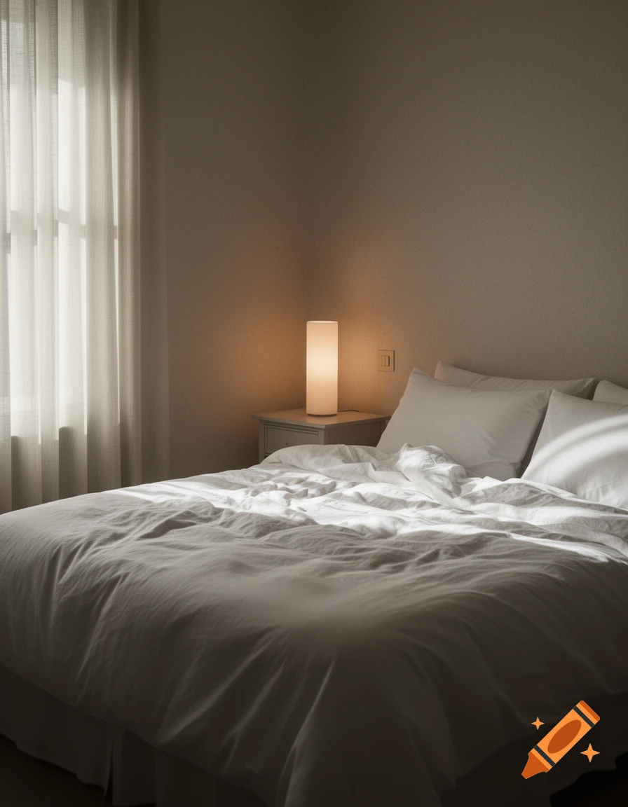 A softly lit bedroom featuring an unmade bed with white sheets, sheer curtains, and a glowing cylindrical lamp on a nightstand.