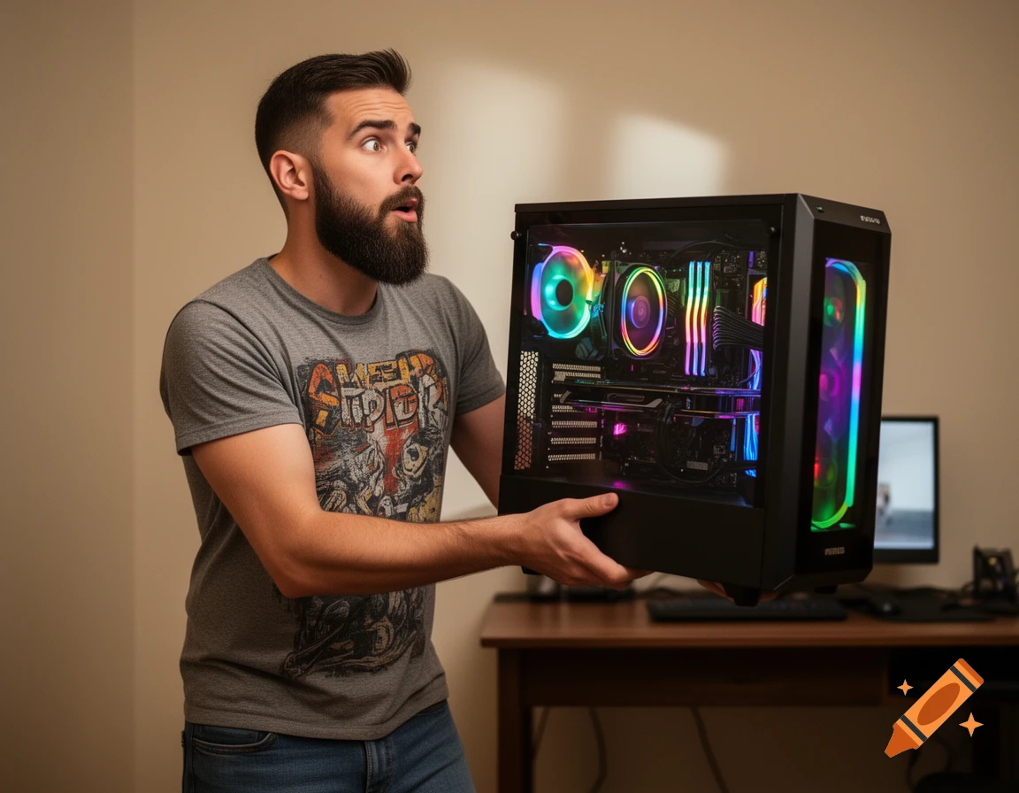 A bearded man in a gray t-shirt holds a glowing RGB gaming PC case with an amazed expression, looking up and to the right.
