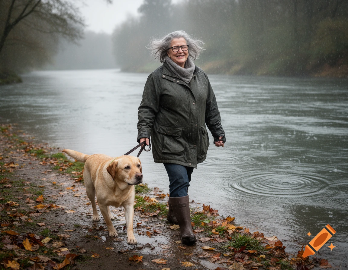 Elderly woman and her Labrador dog walk by a river in the rain with autumn leaves.